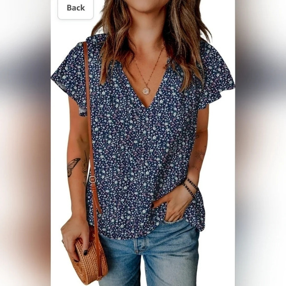 Boho Navy Floral V Neck Short Sleeve Medium Blouse - Picture 1 of 11
